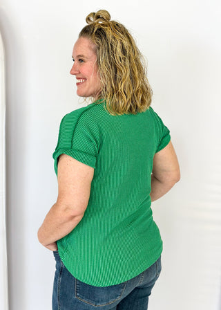 Ribbed V Neck top in Kelly Green 