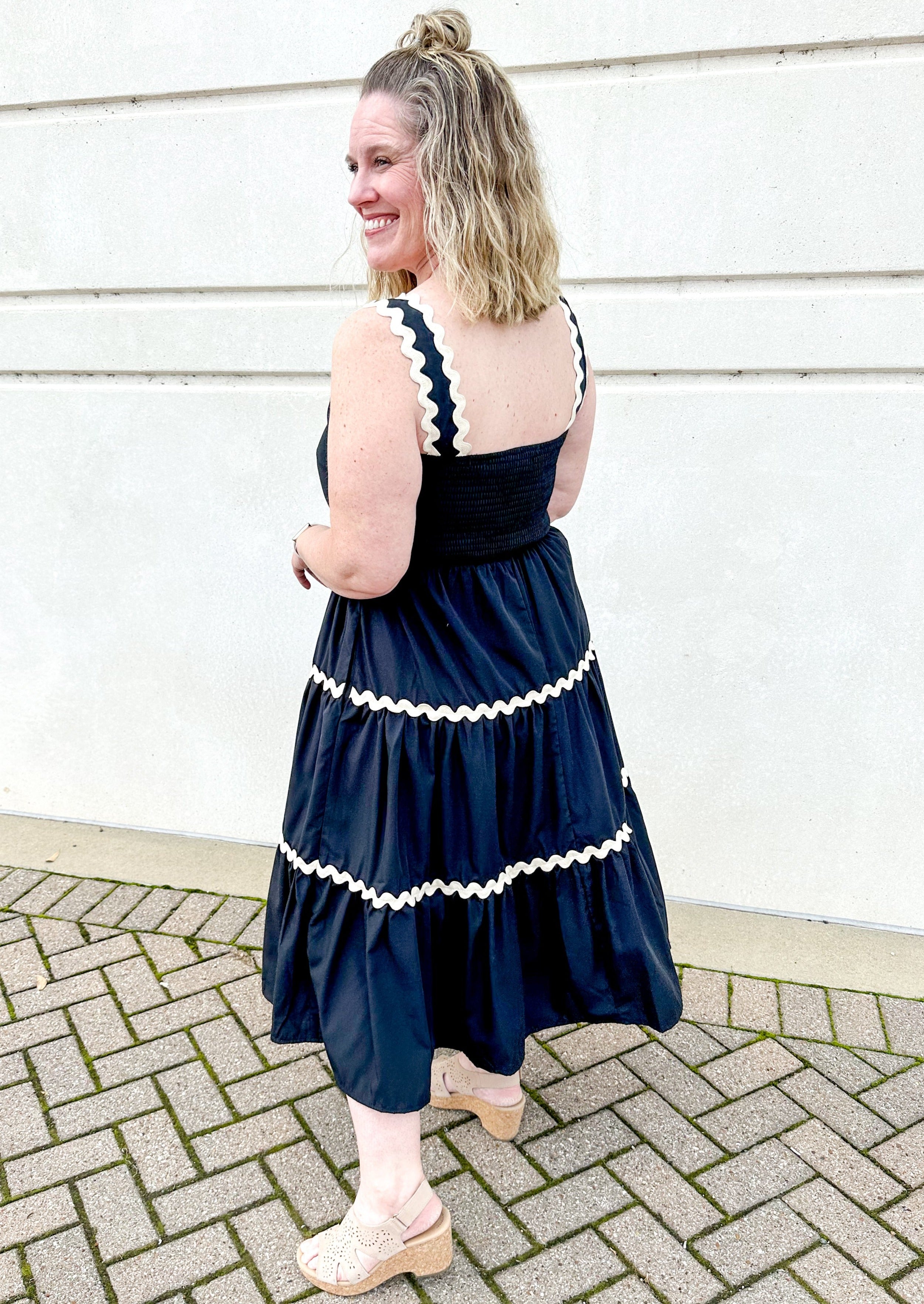 Flowy, wide strap black dress, smocked back, cream rick rack on tiers and around straps, lined, pockets