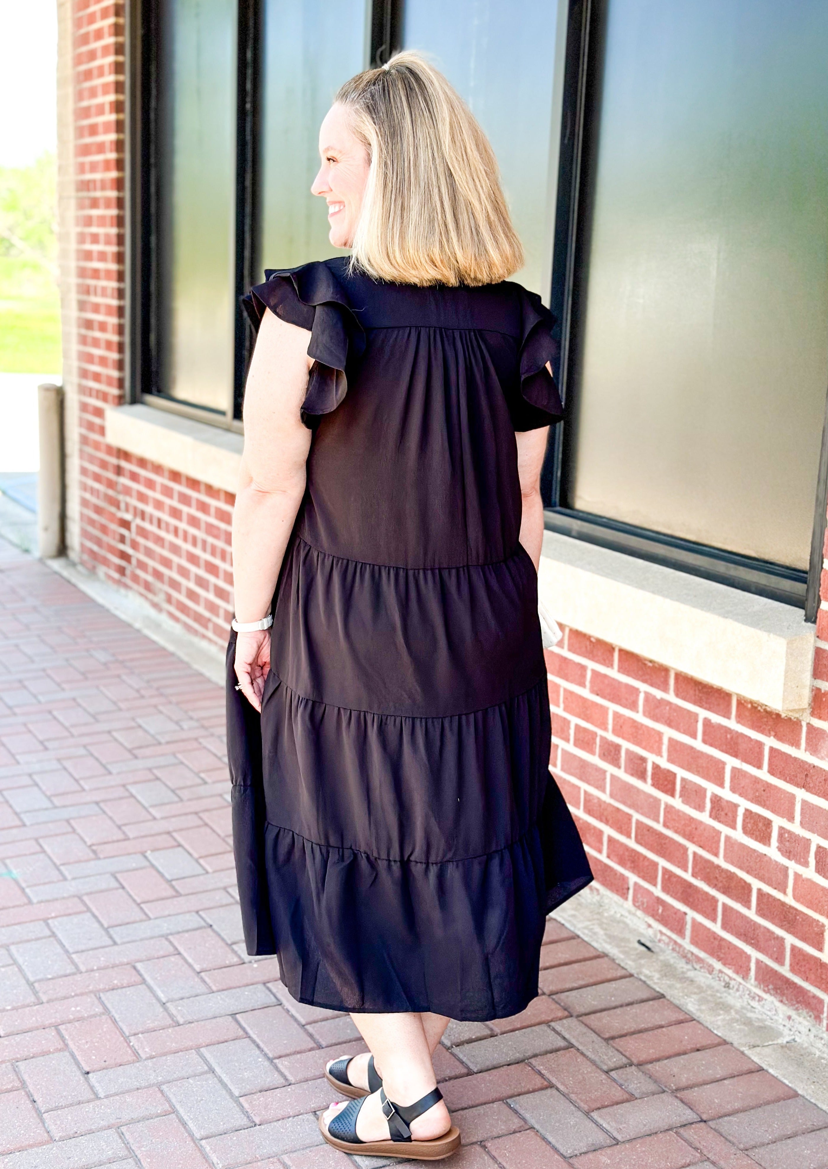 black tiered midi dress with double ruffle sleeve - collar and v-neck