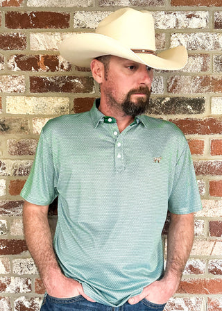 Men's Green Polo with diamond geometric design.