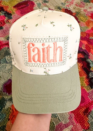 Floral snapback hat with embroidered Faith patch and olive green brim