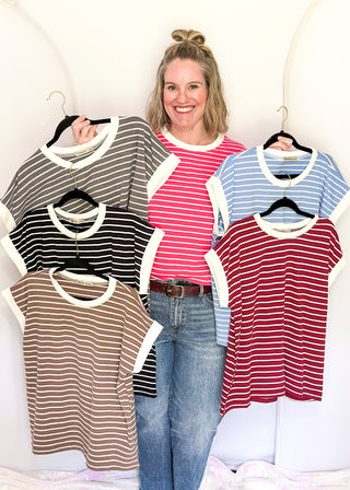 wide striped top with cuffed sleeves, and white banded rounded neckline in all color ways
