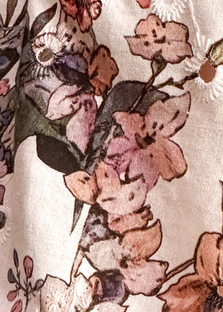 Close up of floral print midi dress with pockets
