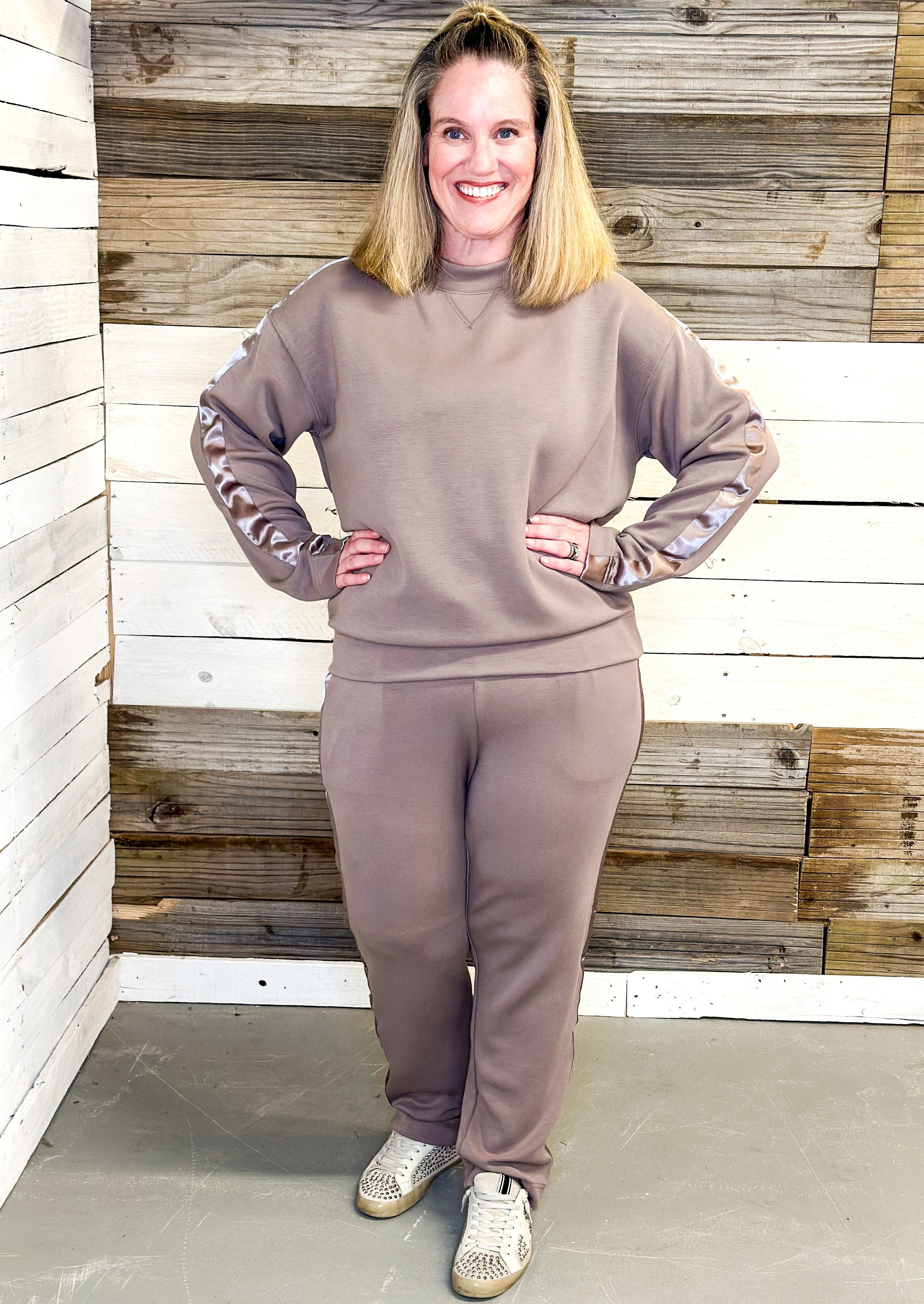 mocha long sleeve set with satin stripe - top and pants - soft with pockets and tie waist