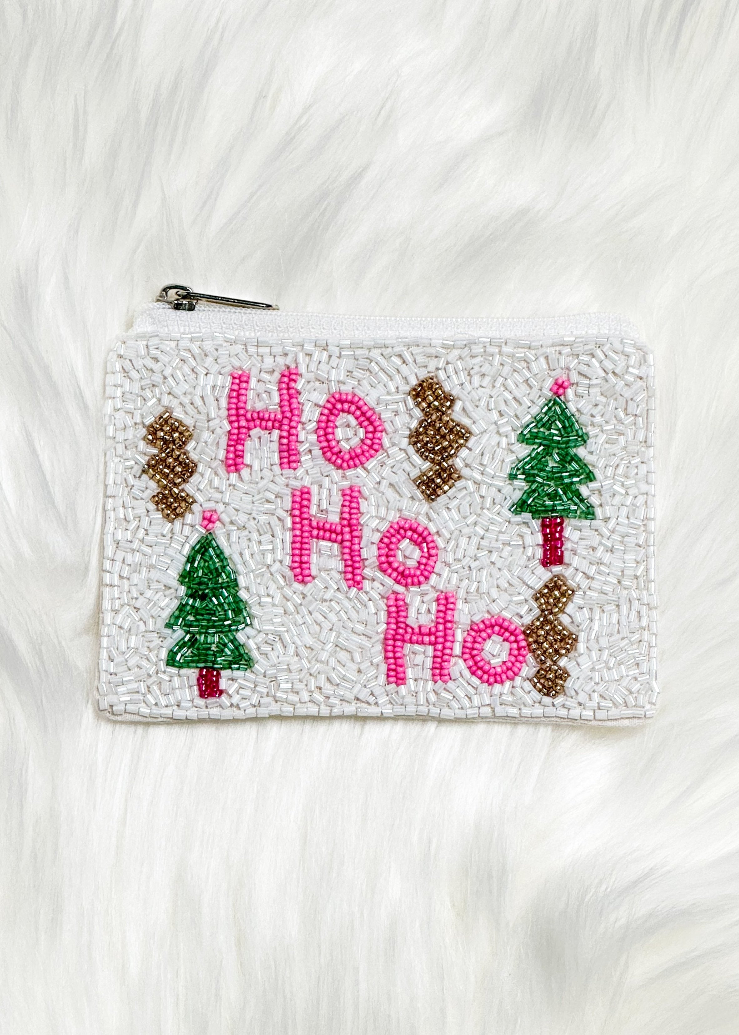 white seed bead coin purse with ho ho ho pink seed beads and Christmas trees on the front