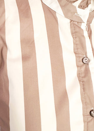 Close up if vertical stripe midi dress with puff sleeves and front buttons