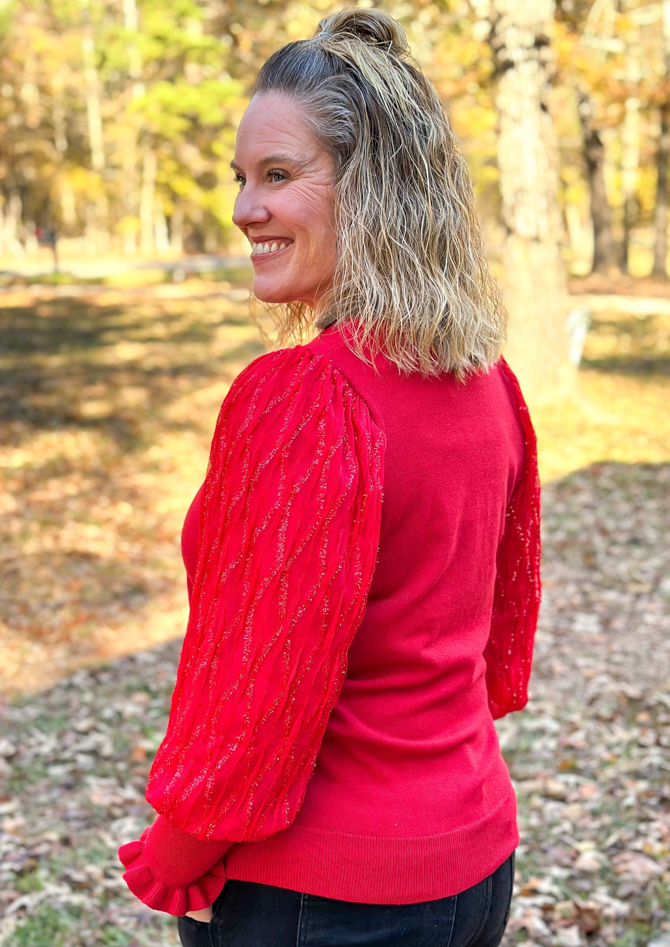 Tinsel Sleeves Ribbed Knit Top - Red
