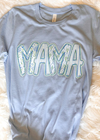 Blue Mama graphic tee with flat rhinestone accents and relaxed fit.