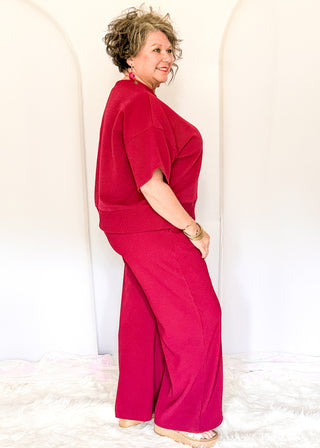 Two piece ribbed outfit in Cabernet featuring boxy top and wide leg pants