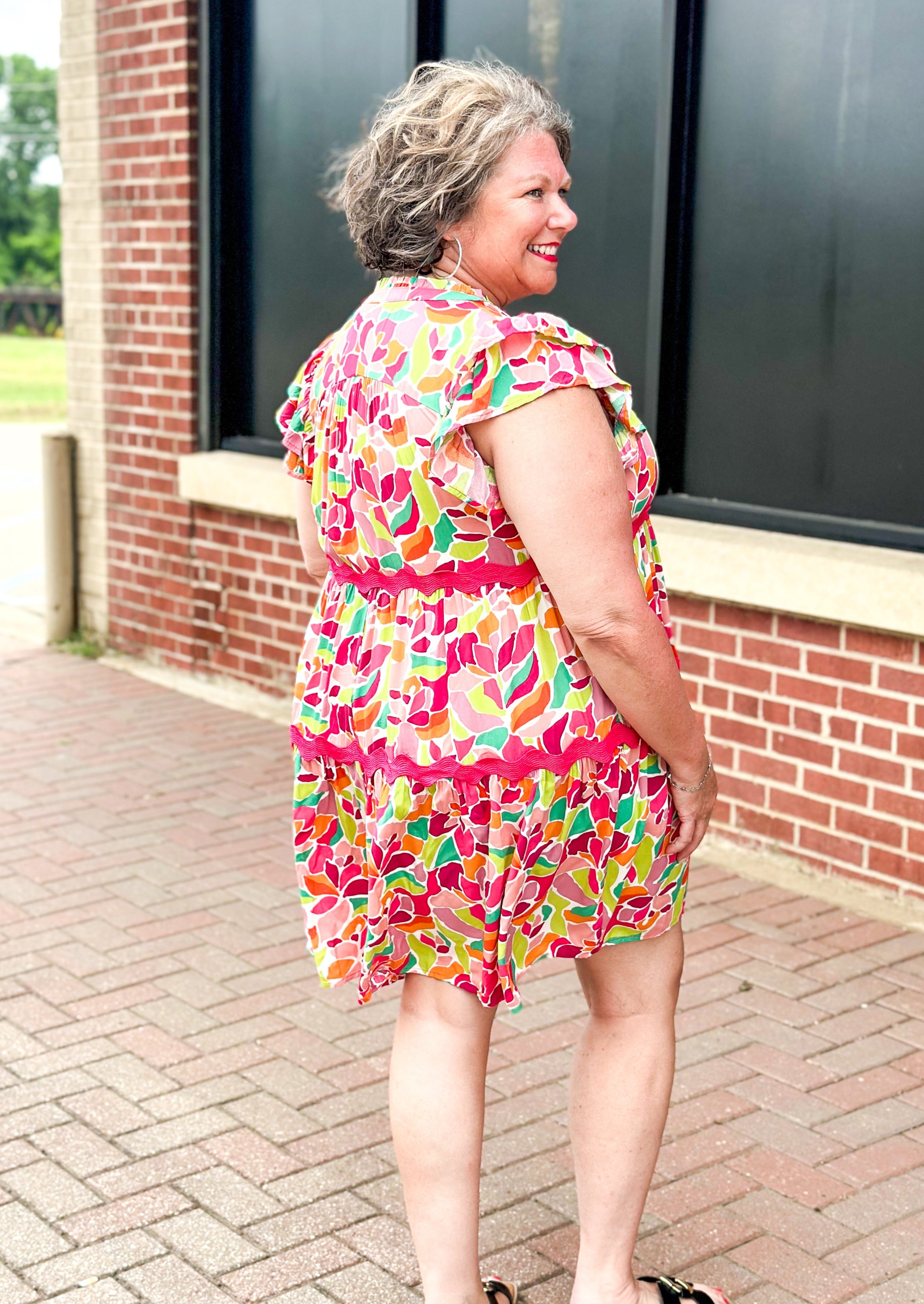 printed rick rack v-neck short ruffle sleeve dress - pink rick rack - pattern on dress in green, yellow, pink, orange and light pink