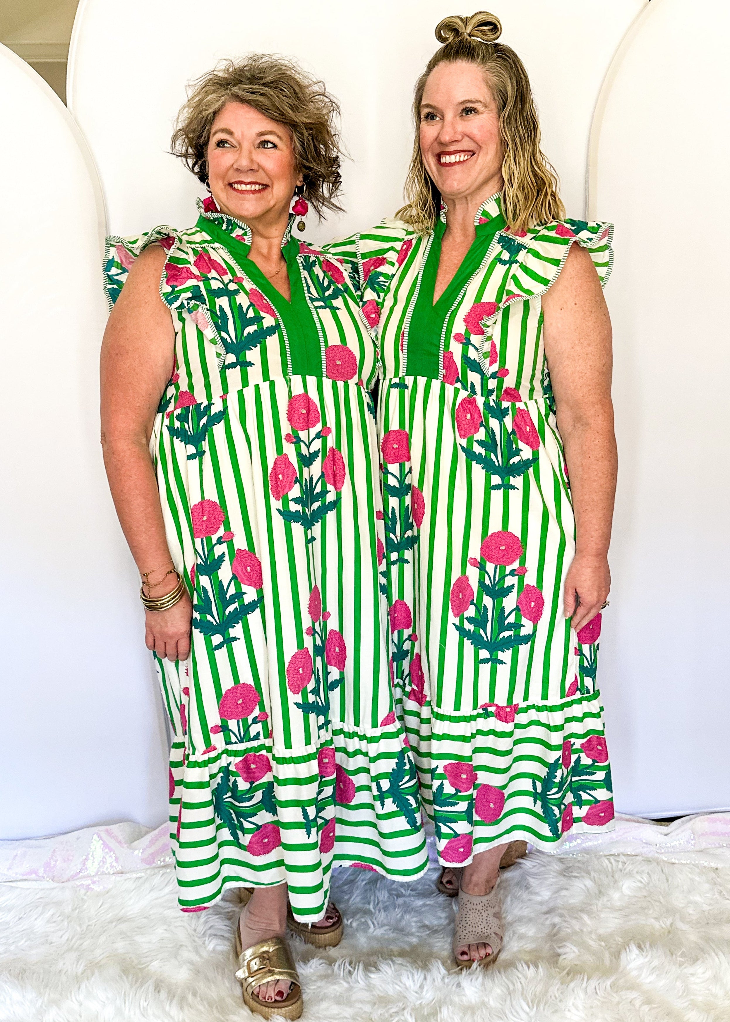 Striped and Floral Tiered Midi Dress - Green H2G Boutique Striped and Floral Tiered Midi Dress - Green H2G Boutique