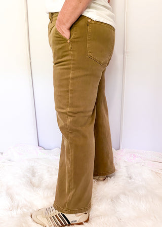 side view of Judy Blue light brown wide-leg crop jeans featuring a high-rise waist, relaxed fit, and ankle-length hem.