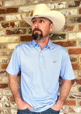 Men's performance polo in light blue with diamond geometric pattern. 