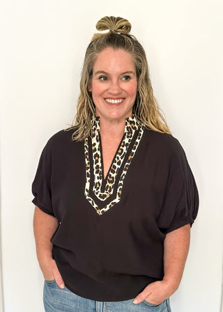 black dolman short sleeve with double leopard stripe v-neck