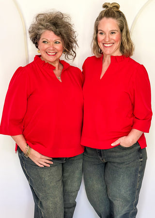 Women's ruffle collar blouse with 3/4 sleeve- in red.