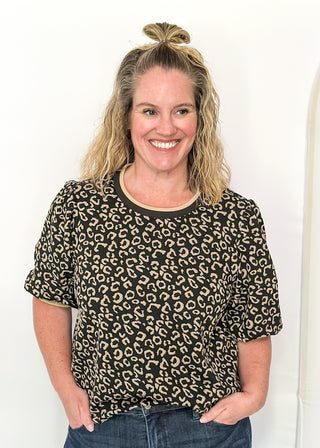 Animal print puff sleeve top with striped collar and cuffs