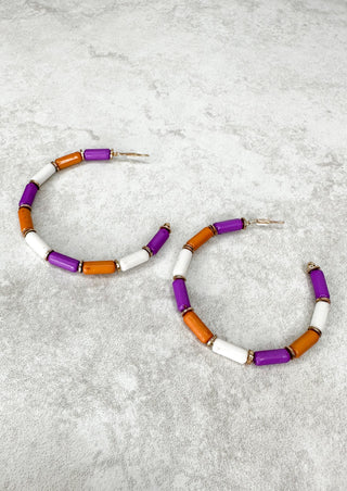 Purple and Gold Beaded Hoop Earrings