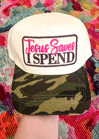 Jesus saves I spend embroidered Patch hat with camo bill