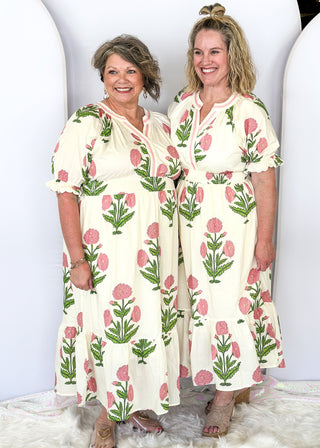 cream maxi dress with pink hydrangeas - short sleeve with ruffle and elastic - smocked waist - bottom ruffle 