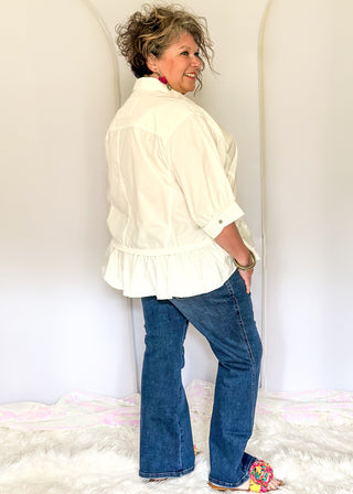 dark denim bootcut jeans with high rise and smoothing fit