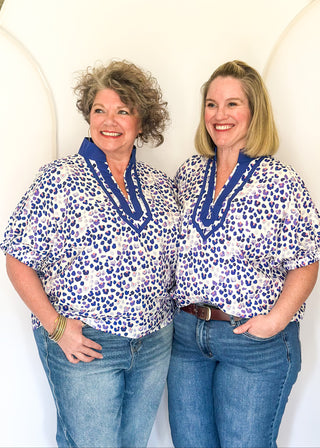 Patterned leopard top with easy silhouette and statement neckline