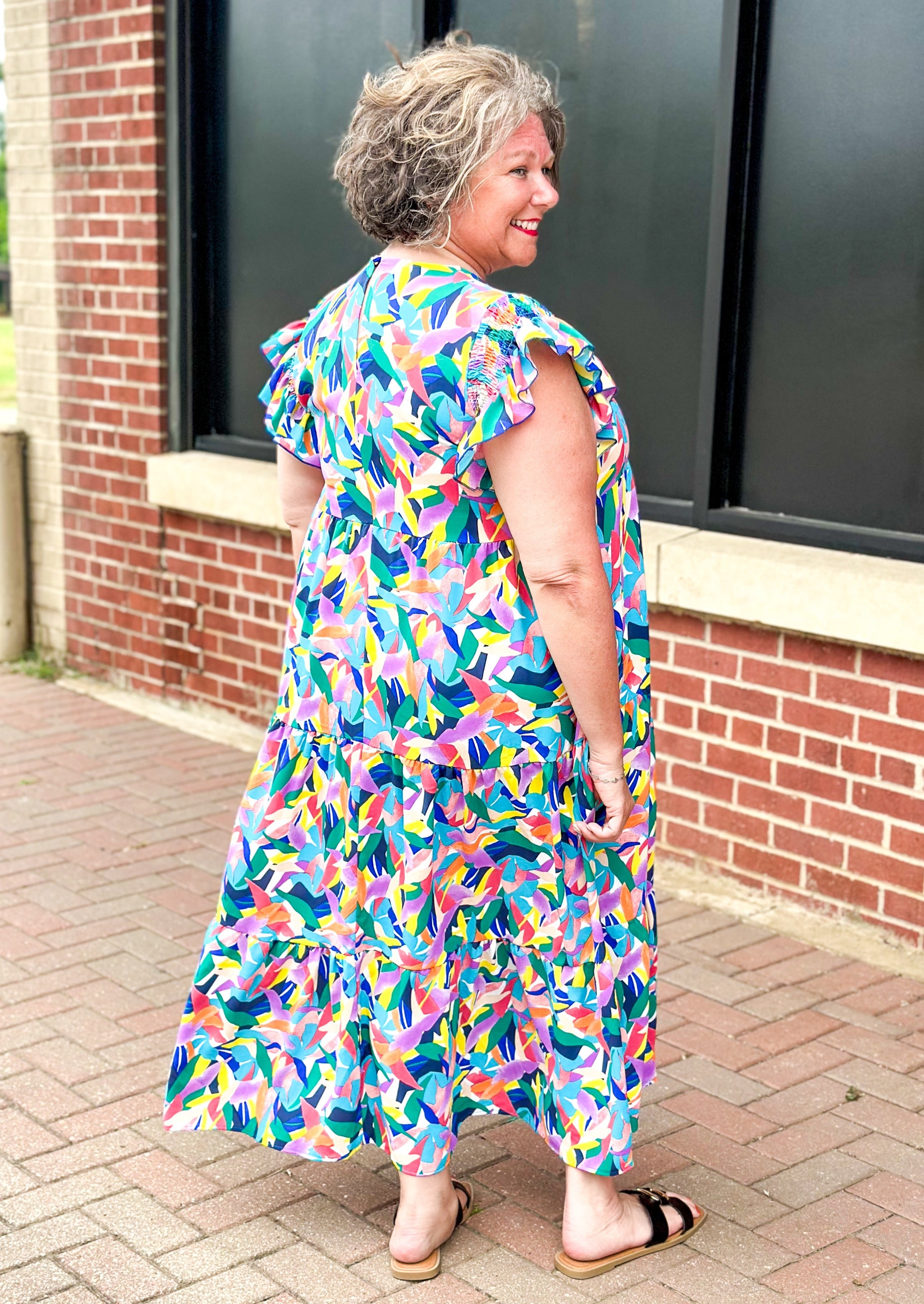 bright patterned tiered maxi dress with pockets and ruffle sleeve - keyhole with button back 