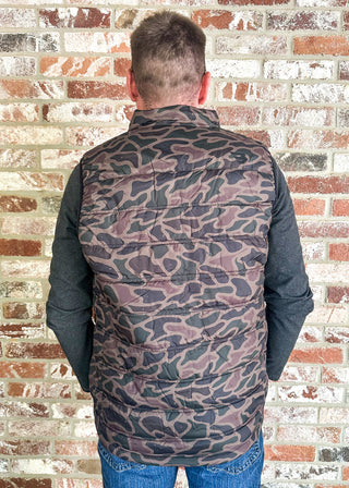 Back of man modeling camo puffer vest