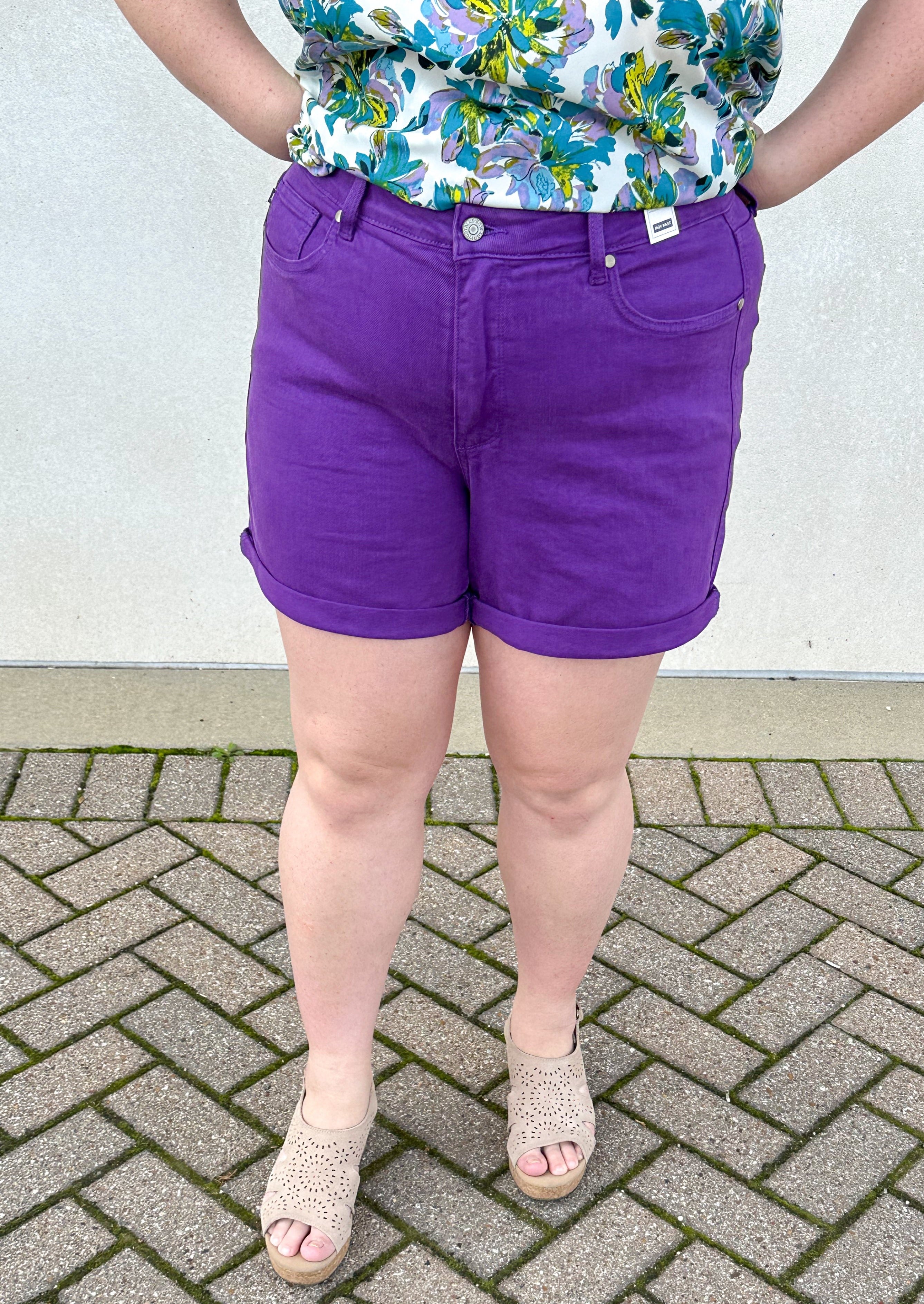 Judy Blue purple jean shorts, front button and zipper closure, belt loops, front and back pockets, cuffed hem