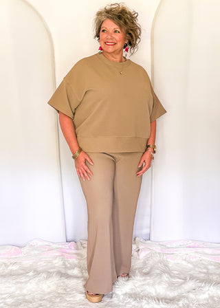 Two piece ribbed outfit in Cocoa featuring boxy top and wide leg pants