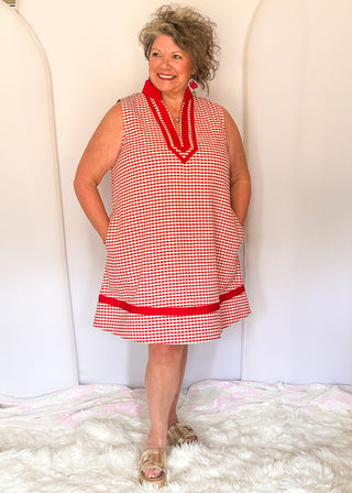Red gingham sleeveless dress with contrast trim neckline