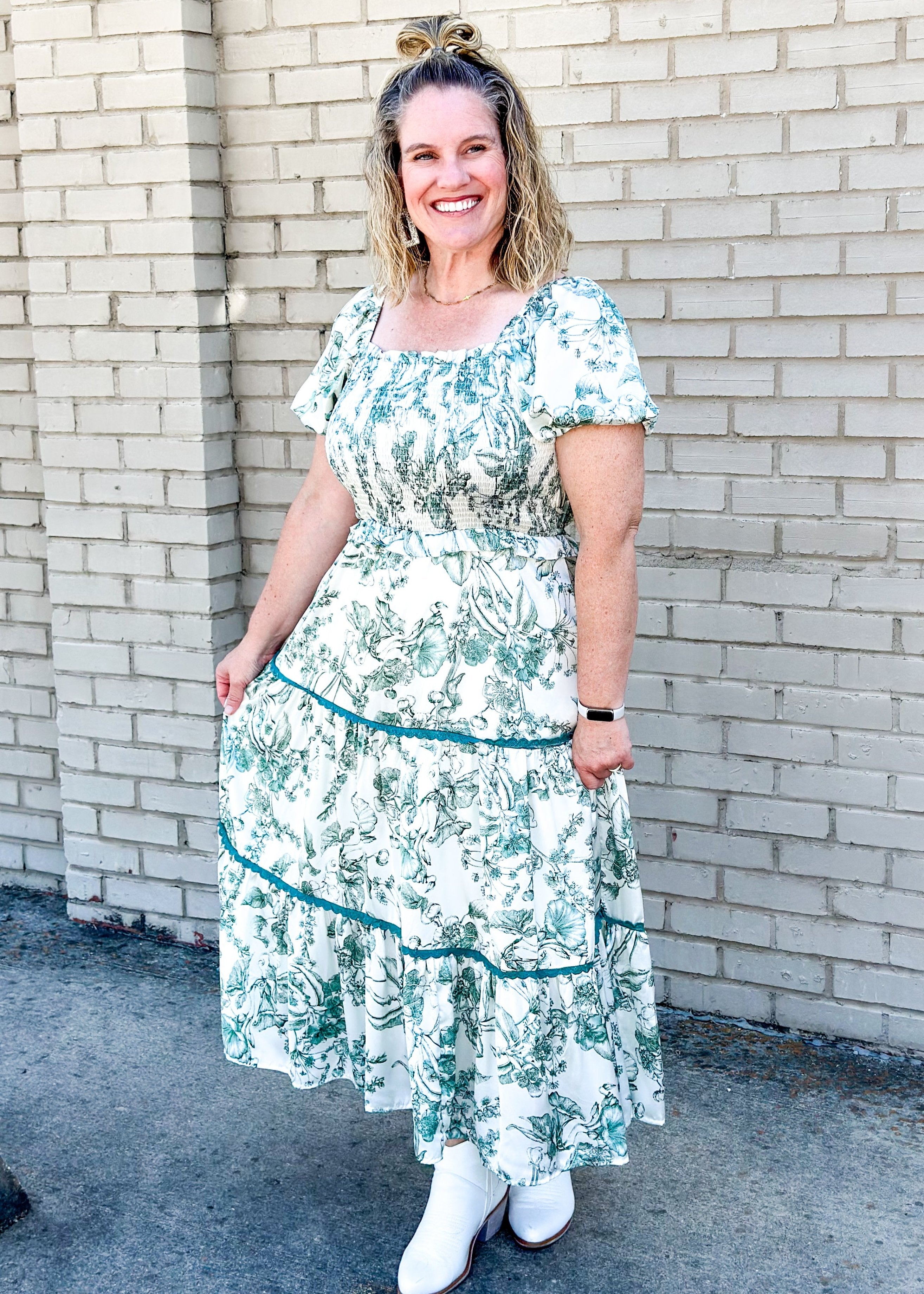 satin feel maxi short sleeve dress with scallop trim detail around 2 bottom tiers, smocked front