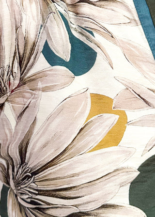 Close-up of a floral-patterned garment featuring large daisy-like flowers in beige, gray, and dark green, with teal and mustard accents and a pinkish fabric section at the side.