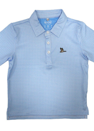 men's polo with light blue geometric pattern and duck logo.