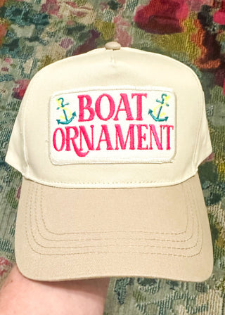 cream baseball hat with khaki bill and boat ornament embroidered patch - snap closure