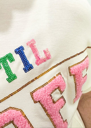cream short sleeve crop tee with "CLASSY UNTIL KICKOFF" in chenille and sequin detail. 