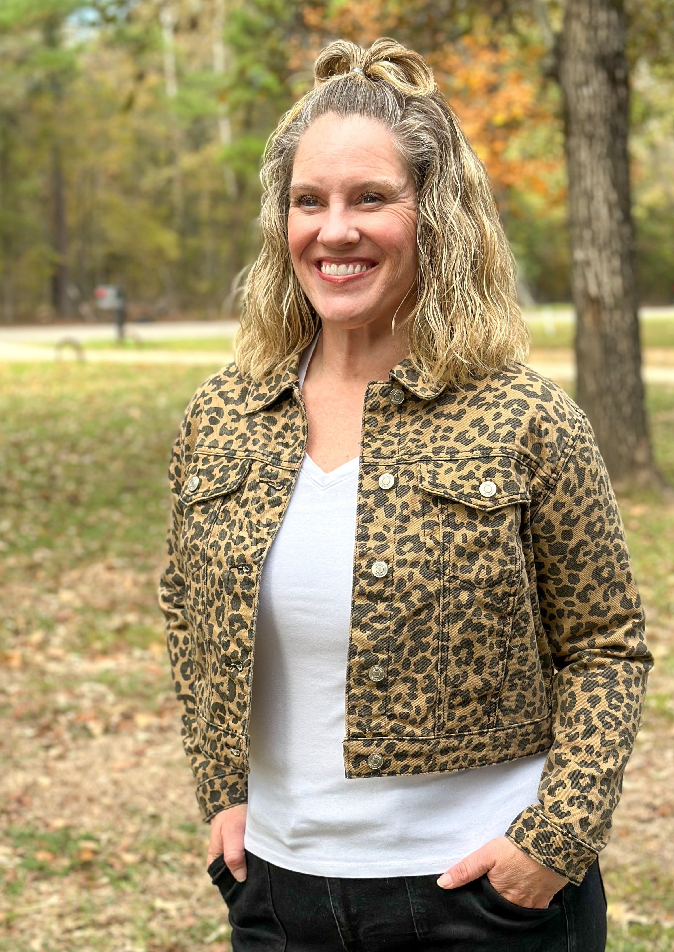 Jean jacket with hot sale leopard print