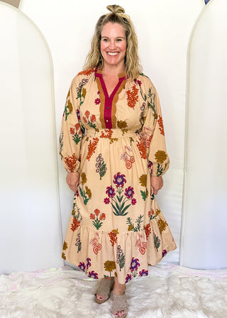 Camel background midi dress with multicolor floral design and long sleeves