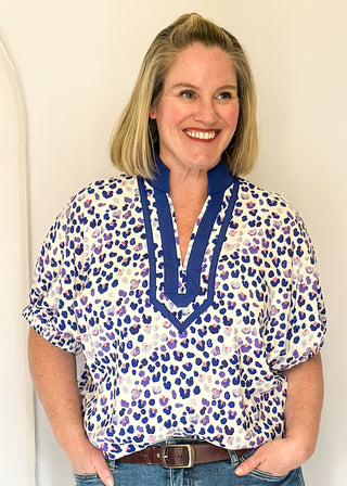 Patterned leopard top with easy silhouette and statement neckline