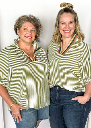 Short sleeve vertical striped shirt in olive.  V-neck ribbon collar. 
