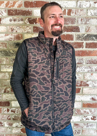Man modeling Burlebo camo puffer vest
