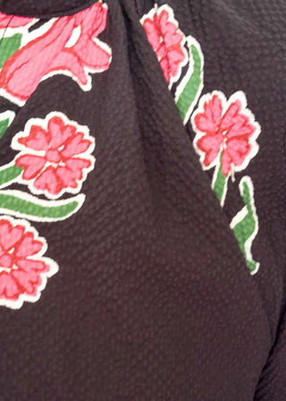 black blouse with pink floral embroidery print