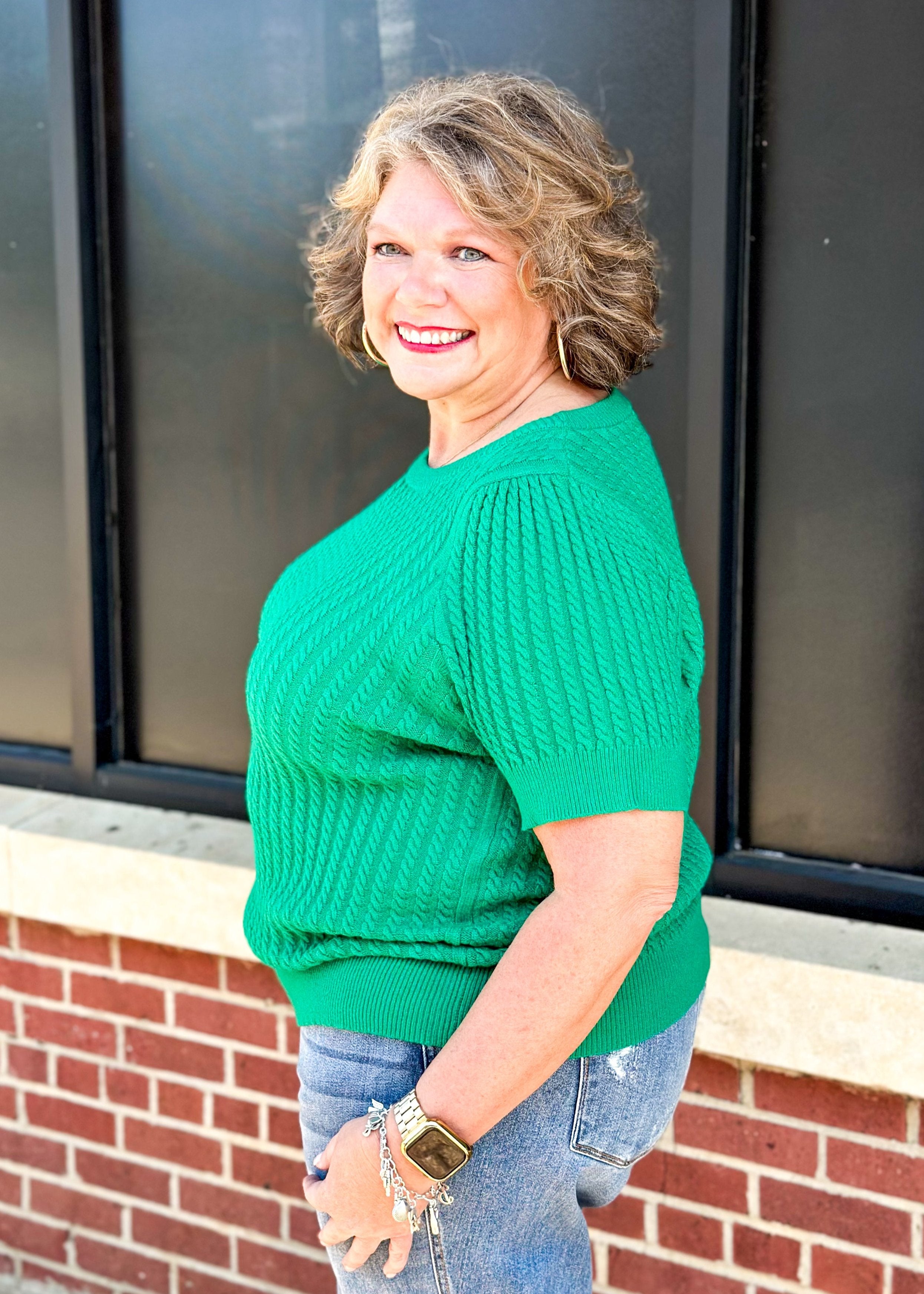 short sleeve cable knit sweater in green