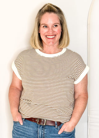 mocha and white striped short sleeve top with white banding on sleeve and collar. 