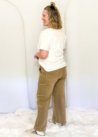 Judy Blue light brown wide-leg crop jeans featuring a high-rise waist, relaxed fit, and ankle-length hem.