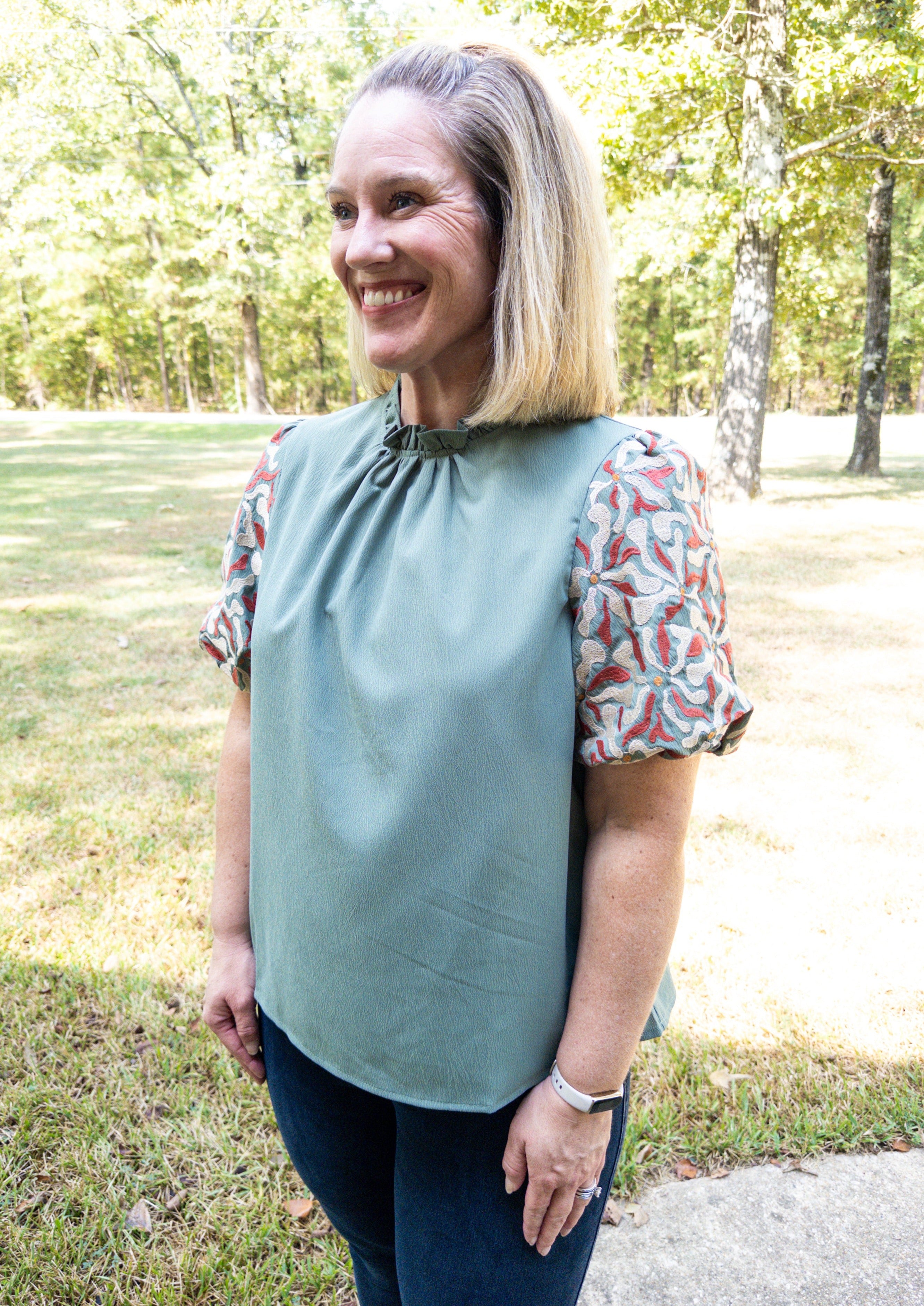 Sage Embroidered Sleeve Top