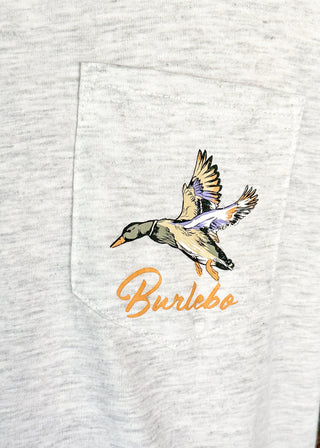 mens ash gray long sleeve tee with a flying duck on front left pocket and larger image on the back