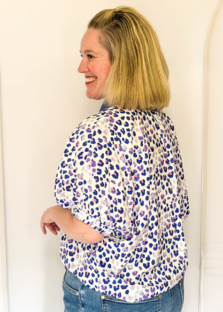 Patterned leopard top with easy silhouette and statement neckline