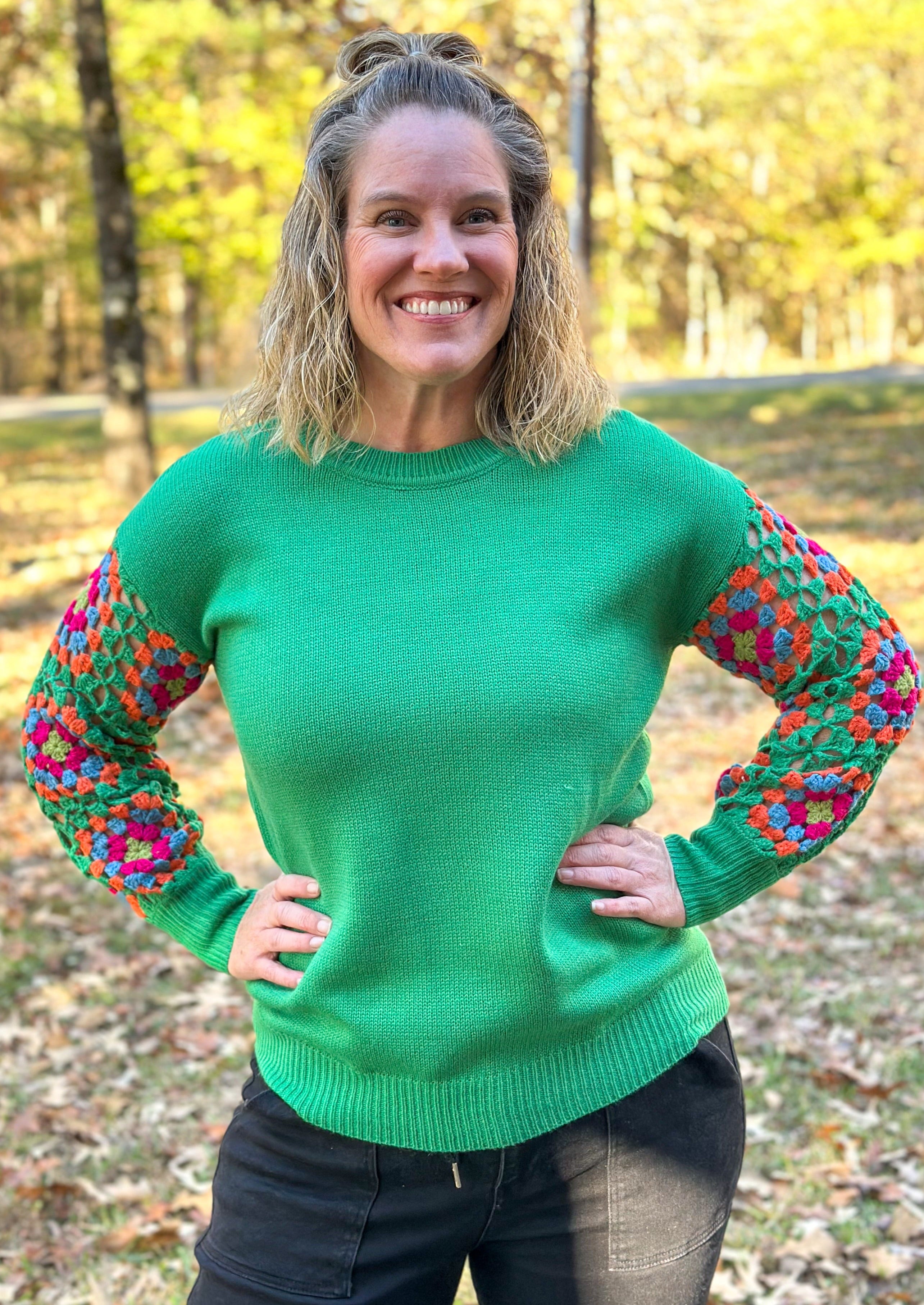 Crocheted Floral Sleeve Sweater - Green