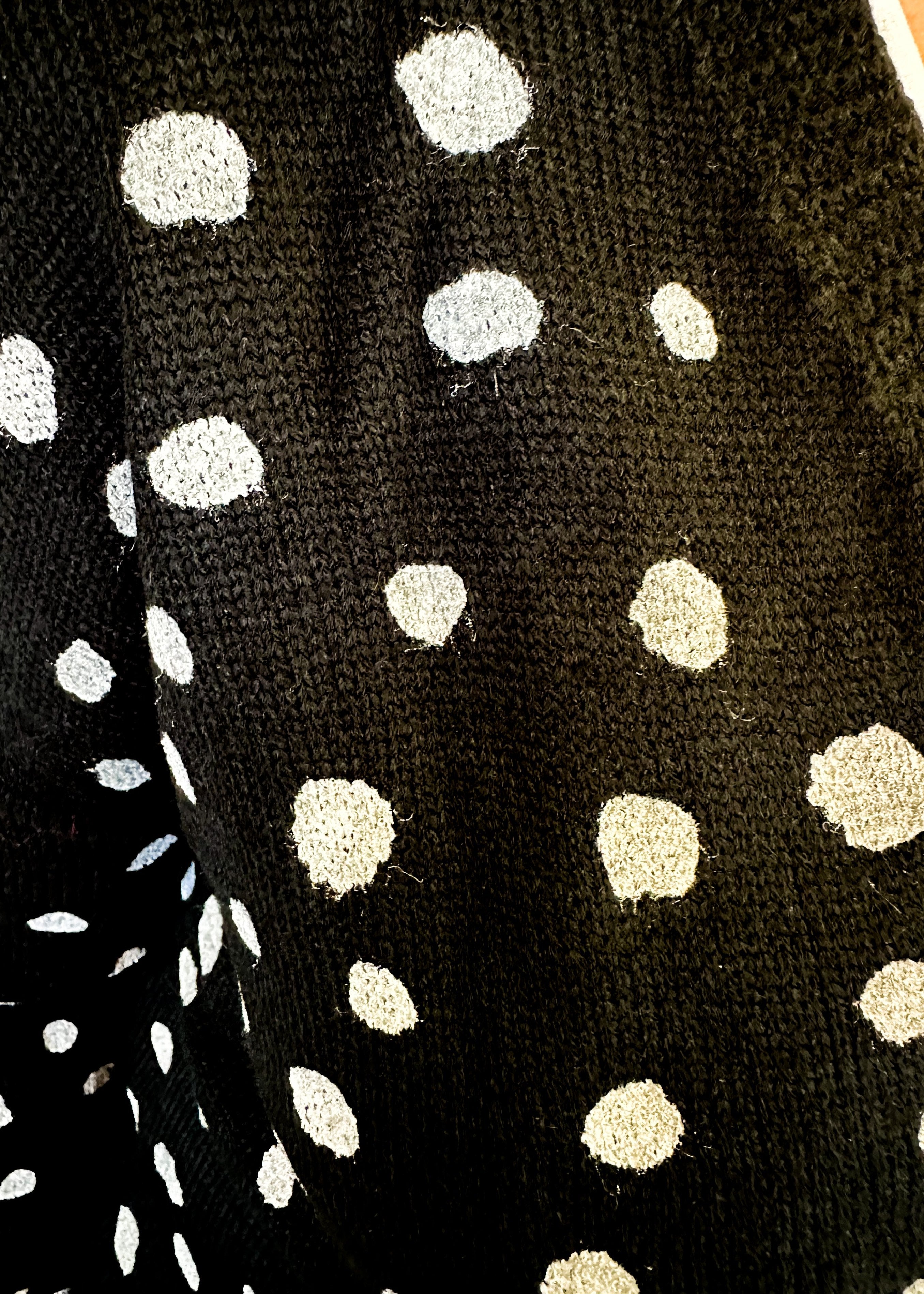 open black cardigan sweater with white spots like a dalmation 