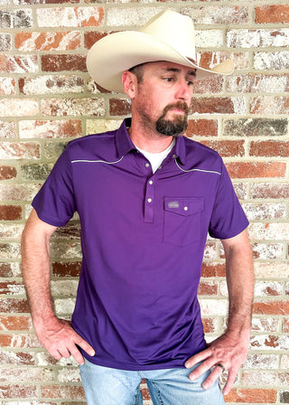 men's western style polo shirt with pearl snap buttons around collar and on front left pocket - white embroidered stitching along front top and back